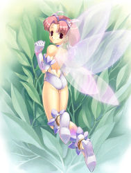 Rule 34 | 1girl, bare shoulders, fairy, flying, foreshortening, gloves, looking back, mini person, minigirl, nature, original, pink hair, smile, solo, twintails, uchiu kazuma, wings