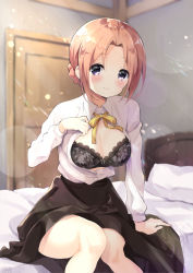 Rule 34 | 1girl, arm support, black bra, black skirt, blouse, blurry, blurry background, blush, bow, bow bra, bra, braid, breasts, brown hair, cleavage, closed mouth, collared shirt, commentary request, depth of field, door, dress shirt, french braid, gochuumon wa usagi desu ka?, hoto chiyoko, indoors, lace, lace-trimmed bra, lace trim, long sleeves, looking at viewer, medium breasts, neki (wakiko), on bed, open clothes, open shirt, parted bangs, pillow, purple eyes, shirt, short hair, sidelocks, sitting, skirt, smile, solo, underwear, white shirt, yellow bow