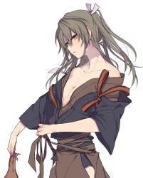 Rule 34 | 10s, 1girl, breasts, brown hair, cleavage, hair ribbon, hatyo, japanese clothes, kantai collection, off shoulder, orange eyes, parted lips, ribbon, solo, sweat, twintails, undressing, zuikaku (kancolle)