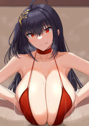 Rule 34 | 1boy, 1girl, ahoge, armpits, asymmetrical hair, azur lane, black hair, blush, breasts, breasts squeezed together, choker, cleavage, closed mouth, clothed sex, commentary, crossed bangs, dress, hair between eyes, hair ornament, halter dress, halterneck, hetero, highres, huge breasts, licking lips, long hair, looking at viewer, minato81345, motion lines, paizuri, pov, red choker, red dress, red eyes, side ponytail, sleeveless, sleeveless dress, smile, solo focus, spaghetti strap, steaming body, straight hair, sweat, taihou (azur lane), taihou (forbidden feast) (azur lane), tongue, tongue out, upper body
