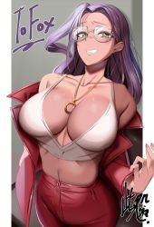 Rule 34 | 1girl, bra, breasts, clenched teeth, commission, cowboy shot, doko tetora, fingernails, glasses, green eyes, grin, jacket, jacket partially removed, jewelry, large breasts, long hair, looking at viewer, nail polish, navel, necklace, open clothes, open jacket, original, pants, pink nails, purple hair, red jacket, red pants, skeb commission, smile, solo, teeth, underwear, upper body, white bra