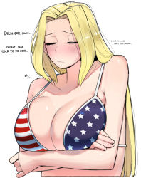 Rule 34 | 1girl, america (ohasi), american flag, american flag print, arms under breasts, bare arms, bare shoulders, bikini, blonde hair, blush, breasts, check copyright, cleavage, collarbone, commentary, copyright request, english text, flag print, green eyes, large breasts, long hair, ohasi, original, parted bangs, shiny skin, solo, striped bodysuit, sweat, swimsuit, symbol-only commentary, upper body