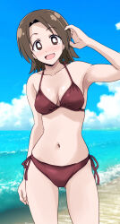 Rule 34 | 1girl, beach, bikini, blue sky, breasts, bright pupils, brown bikini, brown eyes, brown hair, cloud, cloudy sky, commentary, cowboy shot, day, girls und panzer, halterneck, hand in own hair, highres, horizon, looking at viewer, medium breasts, navel, ocean, open mouth, outdoors, parted bangs, ponzu rui, sawa azusa, short hair, side-tie bikini bottom, sky, smile, solo, standing, swimsuit, white pupils