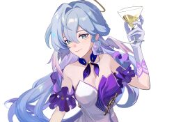 Rule 34 | 1girl, aqua eyes, bare shoulders, blue hair, cocktail glass, commentary, cup, detached sleeves, dress, drinking glass, gloves, hand up, head wings, highres, holding, holding cup, honkai: star rail, honkai (series), jtsp0, long hair, looking at viewer, robin (honkai: star rail), short sleeves, simple background, smile, solo, strapless, strapless dress, upper body, very long hair, white background, white dress, white gloves, wings
