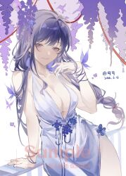 Rule 34 | 1girl, absurdres, alternate costume, arm support, breasts, cleavage, dress, earrings, flower, genshin impact, highres, jewelry, large breasts, light smile, long hair, looking at viewer, purple eyes, purple hair, raiden shogun, solo, string, string of fate, very long hair, white dress, wisteria, xiannu168