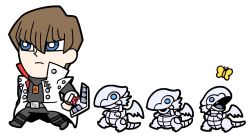 Rule 34 | 1boy, belt, bkub, blue-eyes white dragon, blue eyes, brown hair, bug, butterfly, card, card pendant, chibi, closed mouth, coat, collared coat, dragon, duel disk, bug, jewelry, kaiba seto, male focus, pendant, shirt, simple background, white background, yu-gi-oh!