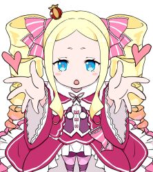 Rule 34 | 1girl, beatrice (re:zero), blonde hair, blue eyes, blush stickers, chestnut mouth, dress, drill hair, feet out of frame, frills, hair ribbon, heart, highres, long hair, looking at viewer, premium (prmsub), re:zero kara hajimeru isekai seikatsu, reaching, reaching towards viewer, red dress, ribbon, sidelocks, simple background, solo, striped clothes, striped thighhighs, symbol-shaped pupils, thighhighs, twin drills, white background