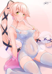 Rule 34 | 1girl, :3, absurdres, ayuman, bare shoulders, black ribbon, breasts, clothes pull, commentary request, dated, highres, kantai collection, kneeling, long hair, looking at viewer, medium breasts, one-piece swimsuit, one-piece swimsuit pull, pink hair, ponytail, ribbon, school swimsuit, signature, sitting, solo, swimsuit, thighhighs, very long hair, wariza, wet, wet clothes, wet swimsuit, white one-piece swimsuit, white thighhighs, yellow eyes, yura (kancolle)