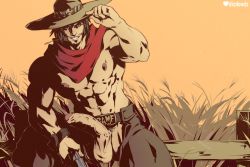 Rule 34 | 1boy, absurdres, cassidy (overwatch), cowboy, cowboy western, dizdoodz, hat, highres, male focus, muscular, outdoors, overwatch, overwatch 1, penis, solo, testicles, weapon, western