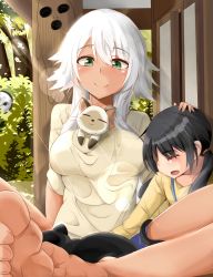 Rule 34 | 10s, 1boy, 2girls, ^ ^, animal, animal in clothes, bad id, bad pixiv id, barefoot, black hair, blush, cat, chito (flying witch), closed eyes, dark skin, flying witch, green eyes, hair over shoulder, hand on another&#039;s head, hiding, highres, karatakewari, kenny (flying witch), kowata akane, kuramoto chinatsu, long hair, mask, multiple girls, ponytail, smile, when you see it, white hair