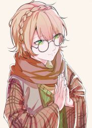 Rule 34 | 1boy, androgynous, blonde hair, brown jacket, brown scarf, closed mouth, glasses, green eyes, green vest, highres, jacket, long sleeves, makino chisato, male focus, ookami game (studio wasabi), own hands together, plaid sleeves, scarf, shimotsuki yukinari, short hair, smile, solo, vest, white background
