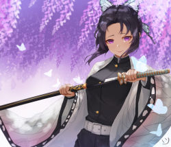 Rule 34 | 1girl, belt, black hair, breasts, bug, butterfly, butterfly hair ornament, commentary request, hair ornament, haori, highres, holding, holding sword, holding weapon, insect, japanese clothes, katana, kimetsu no yaiba, kochou shinobu, long sleeves, looking at viewer, parted bangs, purple eyes, purple hair, short hair, smile, solo, sword, uniform, weapon, wei xiao, white belt, wide sleeves
