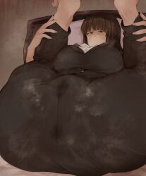 Rule 34 | 1girl, akinaiyo, ass, black jacket, black pants, breasts, brown eyes, brown hair, from below, girls und panzer, highres, jacket, large breasts, legs over head, lying, mature female, nishizumi shiho, on back, on bed, pants, solo, wet