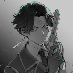 Rule 34 | 1boy, absurdres, closed mouth, collared shirt, dress shirt, earrings, forehead, gloves, greyscale, gun, handgun, highres, hitto kakuchou, holding, holding gun, holding weapon, jacket, jewelry, looking at viewer, male focus, monochrome, nanin, necktie, portrait, revolver, scar, scar on face, shirt, short hair, single earring, solo, tokyo revengers, v-shaped eyebrows, weapon