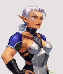 Rule 34 | 1girl, armor, breasts, closed mouth, facial mark, hand on own hip, impa, lips, medium breasts, nintendo, ohil (ohil822), red eyes, red lips, short hair, short ponytail, silver hair, solo, the legend of zelda, the legend of zelda: ocarina of time, turtleneck