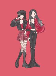 Rule 34 | 2girls, absurdres, black footwear, black hair, black jacket, black pants, boots, breasts, buttons, choker, cleavage, collarbone, female focus, fishnets, goth fashion, gothic, hat, highres, jacket, long hair, midriff, multicolored hair, multiple girls, navel, original, pants, plaid, plaid skirt, punkish gothic, red background, red jacket, rikuwo, simple background, skirt, torn clothes, two-tone hair