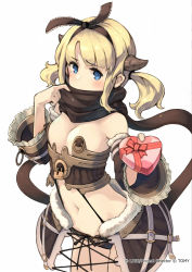 Rule 34 | 10s, 1girl, blonde hair, blue eyes, blush, box, breasts, detached sleeves, gift, hairband, heart-shaped box, horns, keypot, lock, long hair, looking at viewer, navel, official art, padlock, revealing clothes, scarf, simple background, small breasts, solo, twintails, umuru (wixoss), valentine, wixoss
