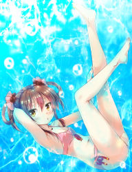 Rule 34 | 1girl, arm up, barefoot, bikini, blush, breasts, brown hair, cafe-chan to break time, cafe (cafe-chan to break time), cleavage, coffee bean hair ornament, coffee beans, eyebrows, food-themed hair ornament, full body, hair between eyes, hair ornament, hair ribbon, hair rings, jewelry, looking at viewer, navel, necklace, original, pink bikini, pink ribbon, porurin (do-desho), puckered lips, ribbon, small breasts, solo, sparkle, swimsuit, water drop, yellow eyes
