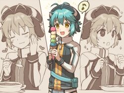 Rule 34 | + +, 1girl, :d, :i, :o, antenna hair, blue hair, blush, chihiro (chihiro3399), closed eyes, commentary request, eating, eiyuu densetsu, food, food on face, hand on own cheek, hand on own face, happy, heart, holding, holding food, holding ice cream, holding spoon, ice cream, long sleeves, looking at food, millium orion, multiple views, musical note, open mouth, sen no kiseki, sepia, short hair, smile, solo, spoken musical note, spoon, upper body, yellow eyes