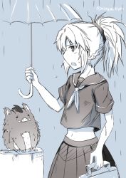 Rule 34 | 1girl, blue background, boar, briefcase, cowboy shot, fate/apocrypha, fate/grand order, fate (series), hair tie, holding, holding umbrella, long hair, midriff, minafuni, monochrome, mordred (fate), mordred (fate/apocrypha), navel, neckerchief, open mouth, pleated skirt, ponytail, school uniform, serafuku, short sleeves, skirt, sweatdrop, twitter username, umbrella, wet