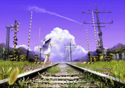 Rule 34 | 1girl, aircraft, airplane, blue hair, cloud, contrail, day, dress, female focus, from behind, full body, grass, hat, long hair, mocchisake, nature, original, outdoors, power lines, railroad crossing, railroad tracks, sandals, sky, solo, sun hat, sundress, walking