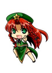 Rule 34 | 1girl, braid, chibi, chinese clothes, female focus, full body, green eyes, hair ribbon, hat, hong meiling, red hair, ribbon, socha, solo, embodiment of scarlet devil, touhou, transparent background, twin braids