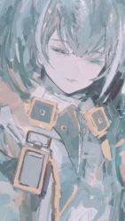 Rule 34 | 1girl, arknights, closed mouth, coat, closed eyes, facing viewer, grey theme, highres, limited palette, magallan (arknights), medium hair, multicolored hair, rsef, solo, streaked hair, upper body
