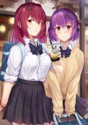 Rule 34 | 2girls, aged down, alternate hair length, alternate hairstyle, backpack, bag, beige sweater, black neckwear, black skirt, blush, bow, bowtie, breasts, bubble tea, closed mouth, collared shirt, contemporary, dress shirt, fate/grand order, fate (series), long hair, long sleeves, looking at viewer, medium breasts, multiple girls, okitakung, open mouth, parted lips, pleated skirt, purple hair, red eyes, scathach (fate), scathach skadi (fate), school bag, school uniform, shirt, short hair, skirt, sleeves rolled up, smile