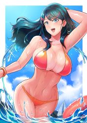 Rule 34 | 1girl, bikini, blue eyes, blue hair, breasts, fire emblem, happy, highres, large breasts, navel, nintendo, oribe tsubasa, partially submerged, revolverwing, smile, swimsuit, tokyo mirage sessions fe, wet