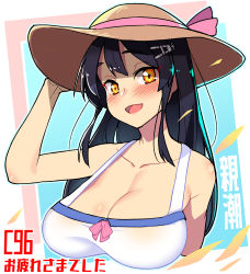 Rule 34 | 1girl, :d, alternate breast size, arm up, bare shoulders, blush, breasts, brown hat, cleavage, collarbone, commentary request, cropped torso, dress, hair ornament, hairclip, hand on headwear, hat, kantai collection, large breasts, long hair, looking at viewer, multicolored background, open mouth, orange eyes, oyashio (kancolle), sidelocks, sleeveless, sleeveless dress, smile, solo, sun hat, taketora suzume, translation request, upper body, white dress