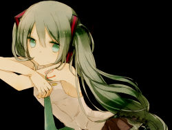 Rule 34 | 1girl, female focus, green eyes, green hair, hatsune miku, highres, long hair, matching hair/eyes, necktie, simple background, solo, syutyou, twintails, very long hair, vocaloid