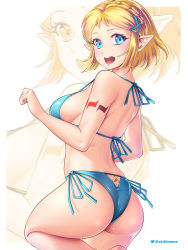 Rule 34 | 1girl, arm tattoo, ass, bikini, blonde hair, blue eyes, blush, breasts, etchimune, from behind, looking at viewer, medium breasts, nintendo, open mouth, pointy ears, princess zelda, short hair, sideboob, smile, swimsuit, tattoo, the legend of zelda, the legend of zelda: breath of the wild, the legend of zelda: tears of the kingdom