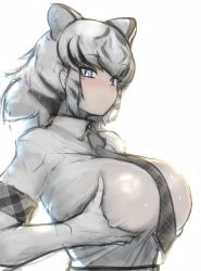 Rule 34 | 1girl, :/, alternate breast size, animal ears, black hair, blue eyes, blush, breast lift, breast pocket, breasts, closed mouth, collared shirt, elbow gloves, extra ears, from side, gloves, grabbing, grabbing own breast, highres, huge breasts, impossible clothes, impossible shirt, kemono friends, looking down, medium hair, multicolored hair, necktie, nose blush, plaid, plaid necktie, plaid sleeves, plaid trim, pocket, shibori kasu, shirt, short sleeves, sidelocks, simple background, sketch, solo, streaked hair, tiger ears, two-tone hair, upper body, white background, white hair, white tiger (kemono friends), wing collar
