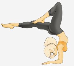 Rule 34 | 1girl, absurdres, apopfonz, barefoot, black pants, blonde hair, breasts, coco schoppenboer, handstand, highres, long hair, medium breasts, midriff, ongezellig, pants, ponytail, profile, simple background, solo, sports bra, upside-down, white background, yellow sports bra, yoga pants