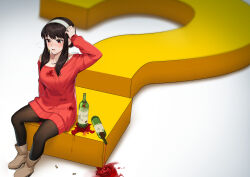 Rule 34 | 1girl, ?, artist name, black hair, blush, brown footwear, confused, drunk, earrings, gold earrings, hairband, highres, i forgor (meme), jewelry, long hair, looking at viewer, looking to the side, meme, open mouth, pantyhose, red eyes, red sweater, sasoura, sidelocks, simple background, sitting, solo, spill, spy x family, squeans, stain, sweater, white background, white hairband, yor briar