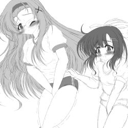 Rule 34 | 2girls, between legs, blush, breasts, buruma, cropped, embarrassed, female focus, glasses, greyscale, gym uniform, hair ornament, hair ribbon, hand between legs, hand up, have to pee, headband, highres, kishima tower, long hair, medium breasts, monochrome, multiple girls, one eye closed, original, own hands together, revision, ribbon, shirt, short hair, short sleeves, simple background, sketch, standing, trembling, v arms, white background, x hair ornament