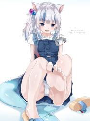 Rule 34 | 1girl, barefoot, blue eyes, feet, fins, fish tail, foot focus, gawr gura, highres, hololive, hololive english, light blush, long hair, looking at viewer, mr.canaryy, multicolored hair, open mouth, panties, pantyshot, presenting foot, sandals, shark tail, sharp teeth, shoes, side ponytail, silver hair, single sandal, single shoe, soles, streaked hair, tail, teeth, toes, underwear, unworn sandals, unworn shoes, virtual youtuber
