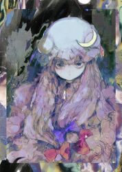 Rule 34 | 1girl, abstract background, blue bow, blue ribbon, bow, closed mouth, crescent, crescent hat ornament, expressionless, hair bow, hat, hat ornament, hat ribbon, highres, long hair, looking at viewer, mob cap, patchouli knowledge, purple eyes, purple hair, red bow, red ribbon, ribbon, solo, straight-on, touhou, tsukamoto anabone, upper body, white hat
