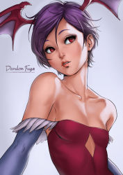 Rule 34 | 1girl, artist name, bare shoulders, bat wings, blue gloves, breasts, capcom, collarbone, dandon fuga, elbow gloves, feather trim, feathers, gloves, grey background, hair between eyes, head wings, leotard, lilith aensland, lips, looking up, parted lips, purple hair, red eyes, red leotard, short hair, simple background, skin tight, small breasts, smile, solo, upper body, vampire (game), watermark, web address, wings