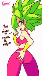 Rule 34 | 1girl, animated, animated gif, artist name, ass, ass grab, bare shoulders, big hair, blue eyes, blush, bracelet, bracer, clenched hand, come hither, diives, dragon ball, dragon ball super, earrings, english text, from behind, green hair, grin, highres, huge ass, jewelry, kefla (dragon ball), looking back, no panties, pants, potara earrings, presenting, simple background, smile, solo, spiked hair, sports bra, super saiyan, talking, thick thighs, thighs, white background, wide hips, yoga pants