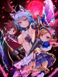 Rule 34 | &gt;:), 1boy, 2girls, ahoge, animal ears, armpits, bad id, bad twitter id, blue hair, breasts, brown hair, chain, character request, chibi, cleavage, cowboy shot, dual wielding, electricity, foreshortening, full moon, gauntlets, gold trim, grin, hair between eyes, helmet, holding, holding sword, holding weapon, horosuke, lance, lord of walkure, medium breasts, midriff, moon, multiple girls, navel, parted lips, petals, pink eyes, polearm, red moon, revealing clothes, sideboob, smile, sword, thighhighs, v-shaped eyebrows, weapon, white legwear