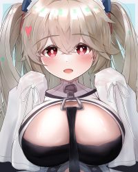 Rule 34 | 1girl, absurdres, anchorage (azur lane), azur lane, bare shoulders, blush, breasts, cleavage, commentary request, crossed bangs, hair between eyes, heart, highres, huge filesize, large breasts, light brown hair, long hair, looking at viewer, open mouth, purple eyes, smile, solo, twintails, uguhei, upper body, very long hair