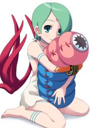 Rule 34 | 1girl, aka (s3637), barefoot, breath of fire, breath of fire v, dress, facial mark, full-body tattoo, green hair, highres, nina (breath of fire v), red wings, short hair, solo, tattoo, white dress, wings