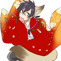 Rule 34 | 10s, 1boy, animal ears, bad id, bad pixiv id, beads, bitte, black hair, fox ears, fox tail, glasses, green eyes, hand to own mouth, idolmaster, idolmaster side-m, iseya shiki, japanese clothes, kemonomimi mode, kimono, looking at viewer, male focus, simple background, solo, tail, white background