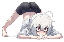 Rule 34 | 1girl, ahoge, arched back, ass, barefoot, bike shorts, black shorts, eha7y, feet, flexible, full body, hands on ground, jack-o&#039; challenge, legs, legs apart, original, red eyes, shaded face, shirt, short hair, shorts, silver hair, smile, solo, spread legs, stretching, thighs, toes, top-down bottom-up, white shirt, wide spread legs
