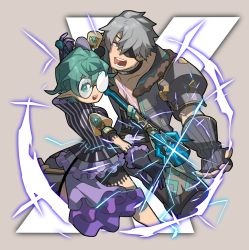 Rule 34 | 1boy, 1girl, armor, artist request, bad id, bad twitter id, cape, curly hair, eyepatch, fingerless gloves, glasses, gloves, green hair, hat, highres, jacket, looking at viewer, nintendo, open mouth, pandoria (xenoblade), pointy ears, short hair, simple background, smile, xenoblade chronicles (series), xenoblade chronicles 2, xenoblade chronicles (series), xenoblade chronicles 2, zeke von genbu (xenoblade)