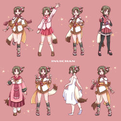 Rule 34 | 1girl, ainu clothes, animal ears, aquaplus, arms up, blush, braid, breasts, brown hair, cleavage, cleavage cutout, clenched hands, closed eyes, closed mouth, clothes lift, clothing cutout, covering own mouth, dress, dress lift, embarrassed, from side, full body, gauntlets, hair ornament, happy, heels, highres, inui (utawarerumono), kneehighs, large breasts, long sleeves, looking at viewer, medium hair, multiple views, nekone (utawarerumono), open mouth, pantyhose, parted bangs, red eyes, red scarf, sailor collar, scarf, school uniform, serafuku, serious, sidelocks, skirt, smile, socks, standing, sweat, sweatdrop, tail, to heart, to heart (series), touka (utawarerumono), twchewp, utawarerumono, utawarerumono: lost flag, waving