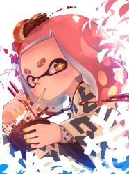 Rule 34 | + +, 1girl, anpan, bad id, bad twitter id, bowl, chopsticks, commentary request, eating, food, food in mouth, food on head, haori, holding, holding bowl, holding chopsticks, inkling, japanese clothes, kashu (hizake), leaf, long sleeves, looking at viewer, medium hair, mole, mole under mouth, nintendo, object on head, pearl (splatoon), pink eyes, pink hair, revision, shiruko (food), short eyebrows, sideways glance, signature, simple background, solo, splatoon (series), splatoon 2, tentacle hair, thick eyebrows, upper body, white background, wide sleeves