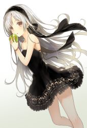 Rule 34 | 1girl, apple, bracelet, commentary request, dress, food, frilled dress, frills, fruit, gradient background, hairband, jewelry, long hair, open mouth, original, silver hair, solo, strapless, strapless dress, yuuki rika