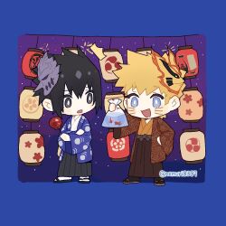 Rule 34 | 2boys, bag, black eyes, black hair, black socks, blue background, blue eyes, candy apple, commentary, crossed arms, deformed, facial mark, fish, food, hair between eyes, hakama, hakama skirt, hand on own hip, highres, holding, holding bag, holding food, japanese clothes, kimono, lantern, ma (xxxx-xl), male focus, mask, mask on head, multiple boys, naruto, naruto (series), naruto shippuuden, night, night sky, open mouth, paper lantern, patterned clothing, sandals, skirt, sky, socks, spiked hair, star (sky), starry sky, symbol-only commentary, twitter username, uchiha sasuke, uzumaki naruto, whisker markings